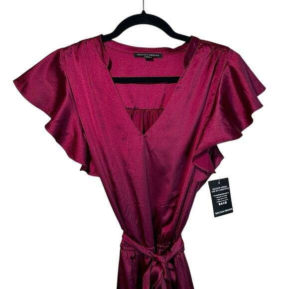 Boston Proper Ruffle Satin Tie Waist Midi Dress Cabernet Burgundy M Boho Retro - Picture 3 of 12